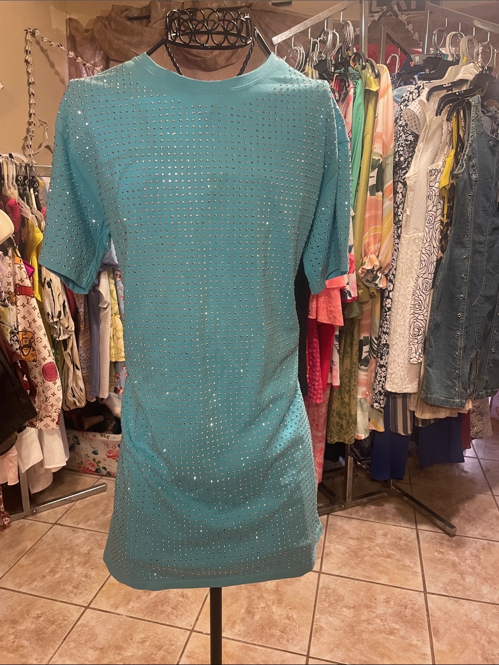 Aqua Short Sleeve Mini Dress with Rhinestone Detail